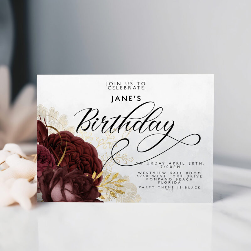 Elegant Burgundy Floral Birthday Invitation – Editable Template Birthday Invitations Elegant Burgundy Floral Birthday Invitation – Editable Template Birthday Invitations