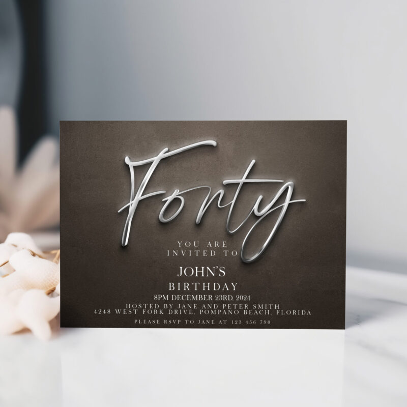 Silver Forty Birthday Invitation for Men – Editable Digital Download Birthday Invitations Silver Forty Birthday Invitation for Men – Editable Digital Download Birthday Invitations