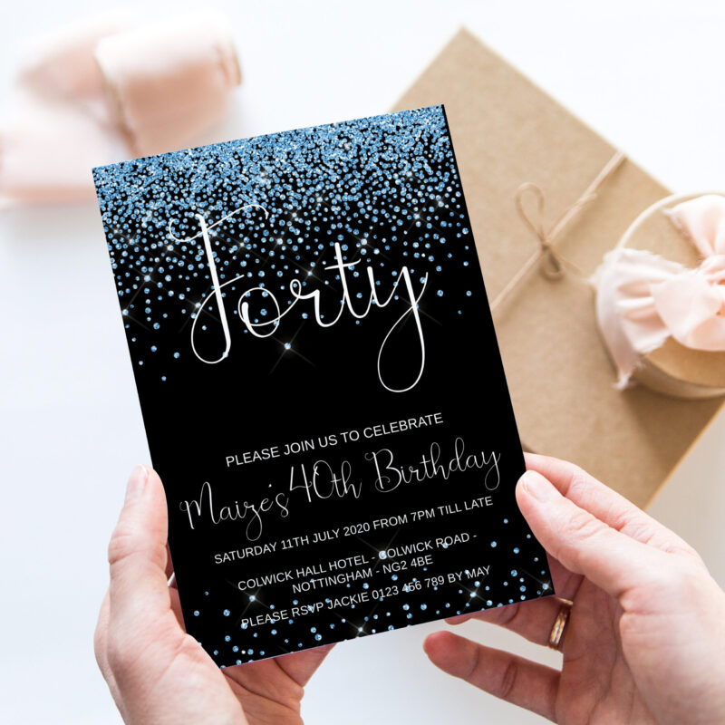 Sparkly 40th Birthday Invitation – Blue & Black Glam Design Birthday Invitations Sparkly 40th Birthday Invitation – Blue & Black Glam Design Birthday Invitations