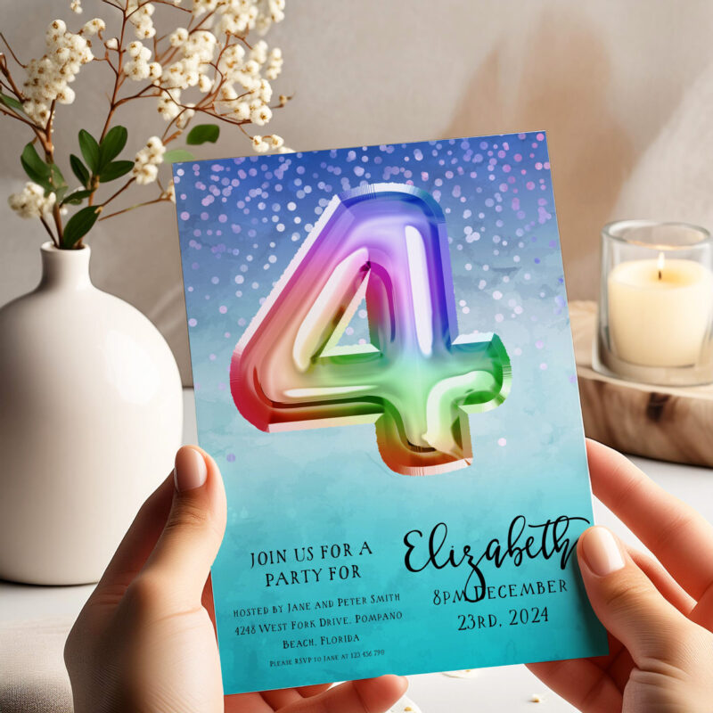Rainbow 4th Birthday Invitation – Editable for Boys & Girls Balloon Invites