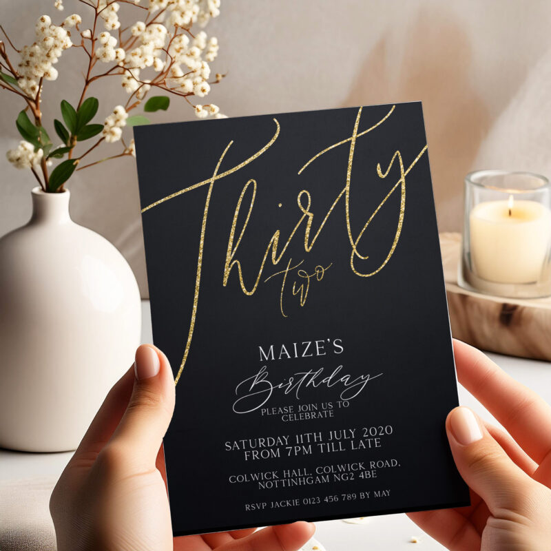 Elegant 32nd Birthday Invitation – Black & Gold Design Birthday Invitations Elegant 32nd Birthday Invitation – Black & Gold Design Birthday Invitations