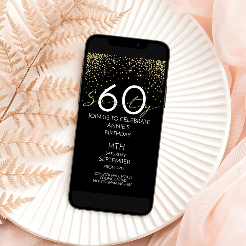 60th Birthday Mobile Invitation – Gold & Black Design Mobile Invitations