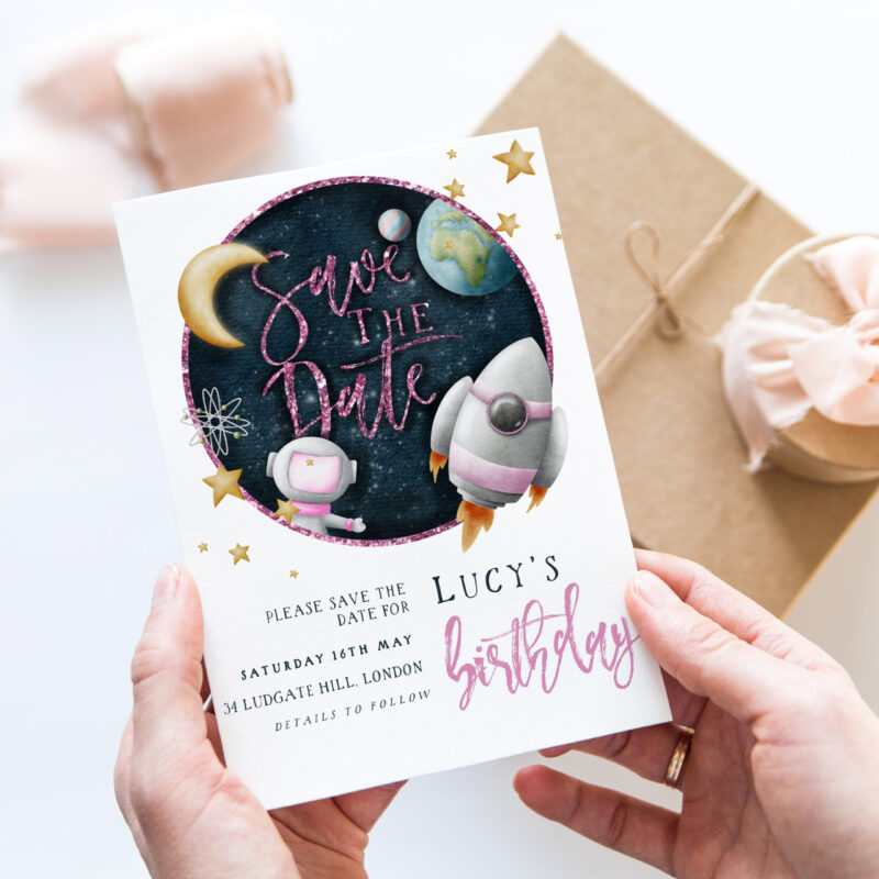 Girls’ Space Birthday Save the Date Children's Birthday Invitations Girls’ Space Birthday Save the Date Children's Birthday Invitations