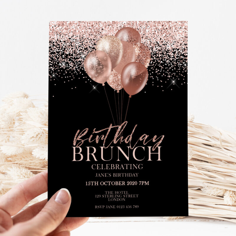 Rose Gold Birthday Brunch Invitation – Editable Template Balloon Invites Rose Gold Birthday Brunch Invitation – Editable Template Balloon Invites