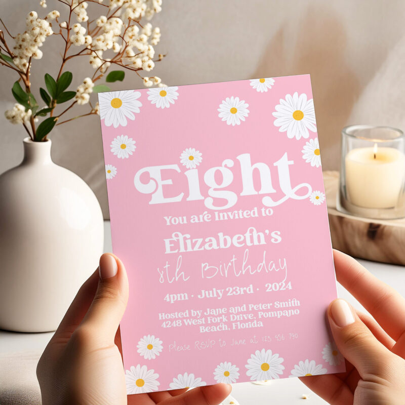 Daisy 8th Birthday Invitation – Pink Editable Template Children's Birthday Invitations Daisy 8th Birthday Invitation – Pink Editable Template Children's Birthday Invitations