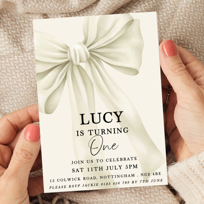 Elegant Bow First Birthday Invitation – Neutral Cream Design Bows