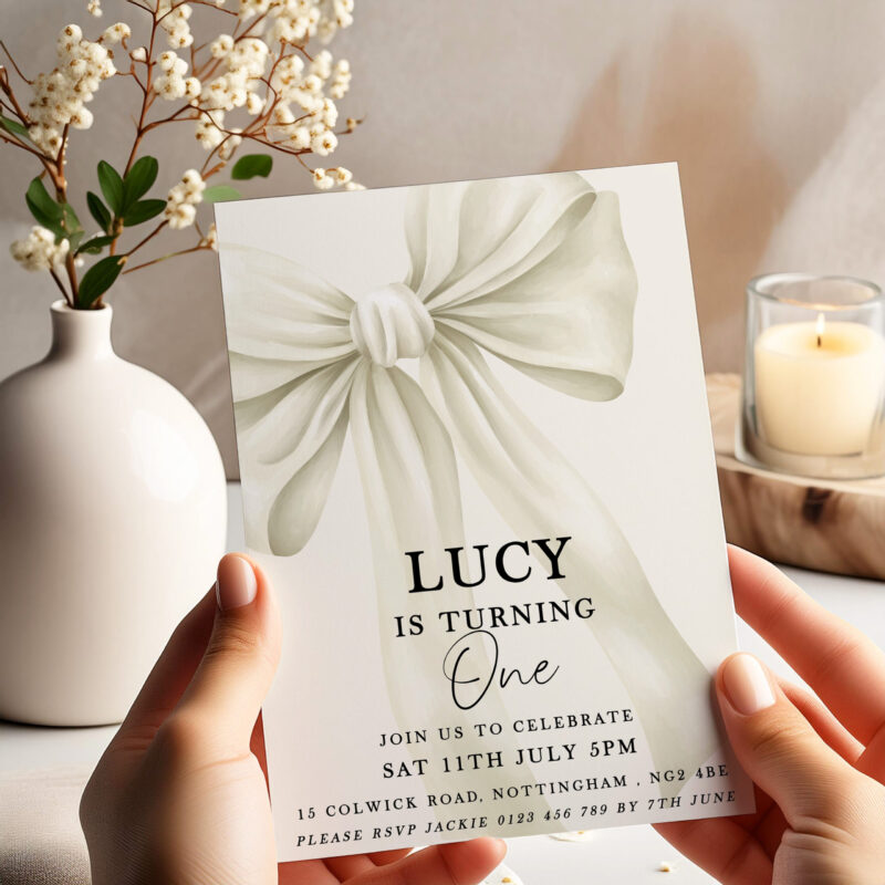Elegant Bow First Birthday Invitation – Neutral Cream Design Bows