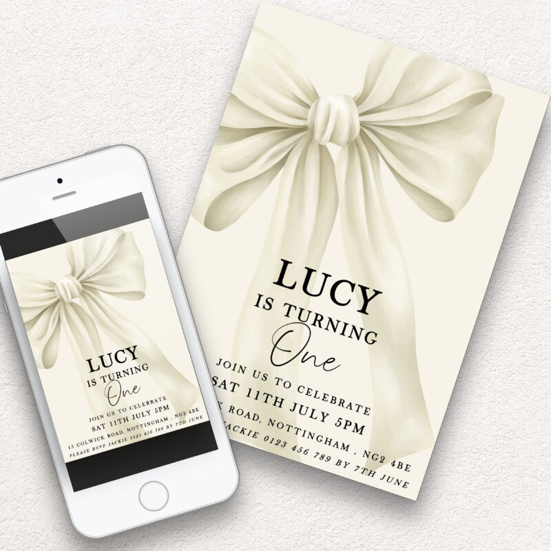 Elegant Bow First Birthday Invitation – Neutral Cream Design Bows