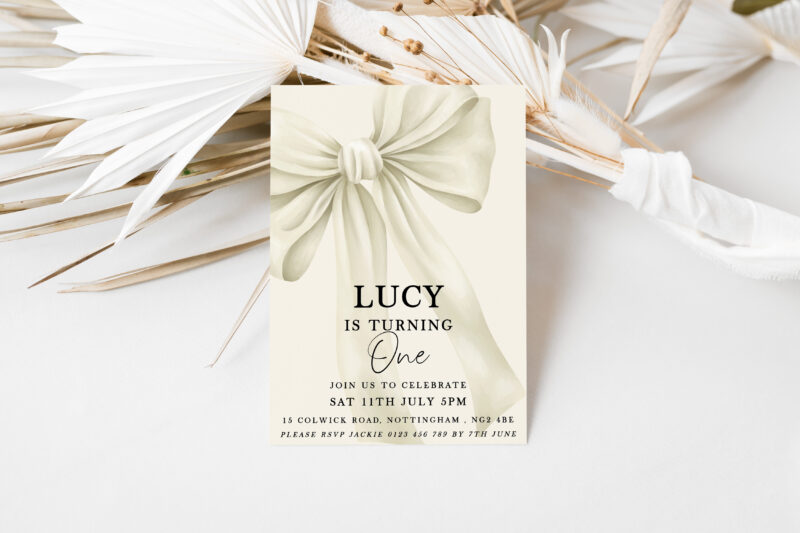 Elegant Bow First Birthday Invitation – Neutral Cream Design Bows