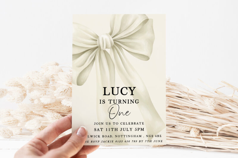 Elegant Bow First Birthday Invitation – Neutral Cream Design Bows