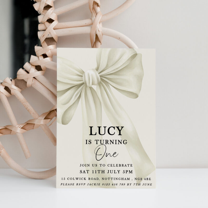 Elegant Bow First Birthday Invitation – Neutral Cream Design Bows