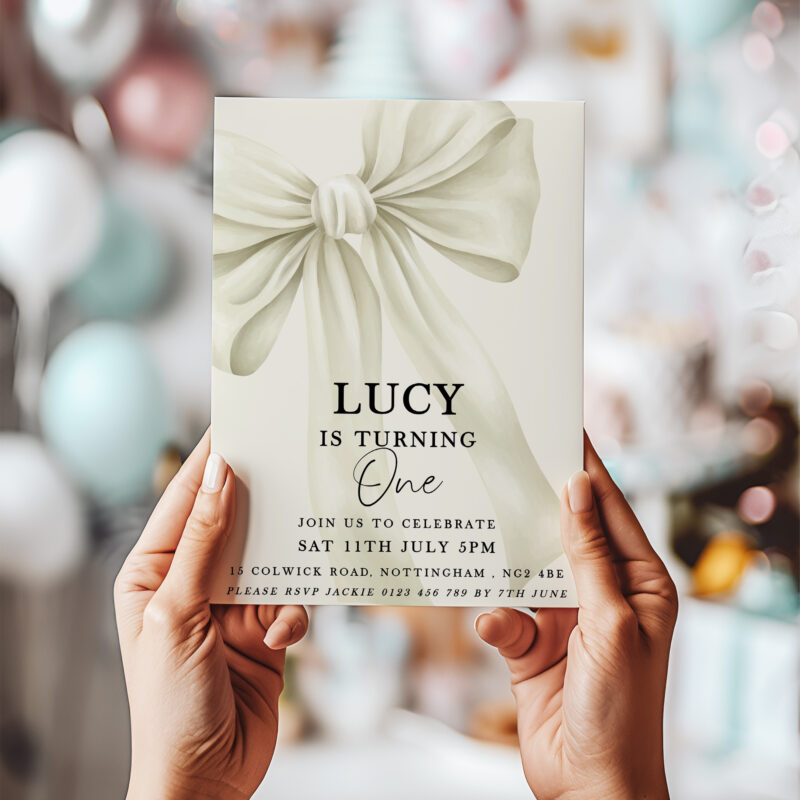Elegant Bow First Birthday Invitation – Neutral Cream Design Bows