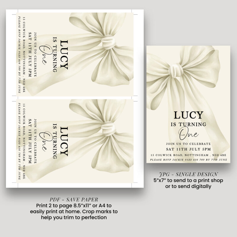 Elegant Bow First Birthday Invitation – Neutral Cream Design Bows