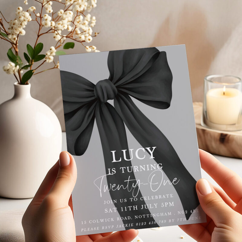 Chic Black Bow 21st Birthday Invitation – Elegant & Modern Birthday Invitations