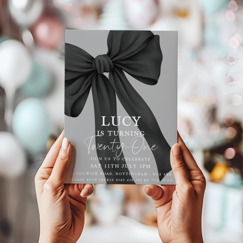 Chic Black Bow 21st Birthday Invitation – Elegant & Modern Birthday Invitations