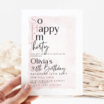 Editable 30th birthday invitation with pink background and modern “So Happy I’m Thirty” wording