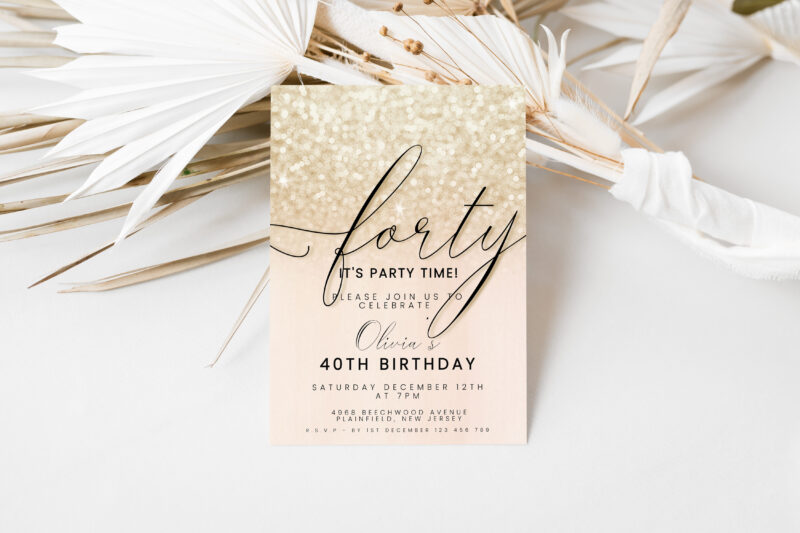 Editable 40th Birthday Invitation – Champagne Glitter Theme Birthday Invitations
