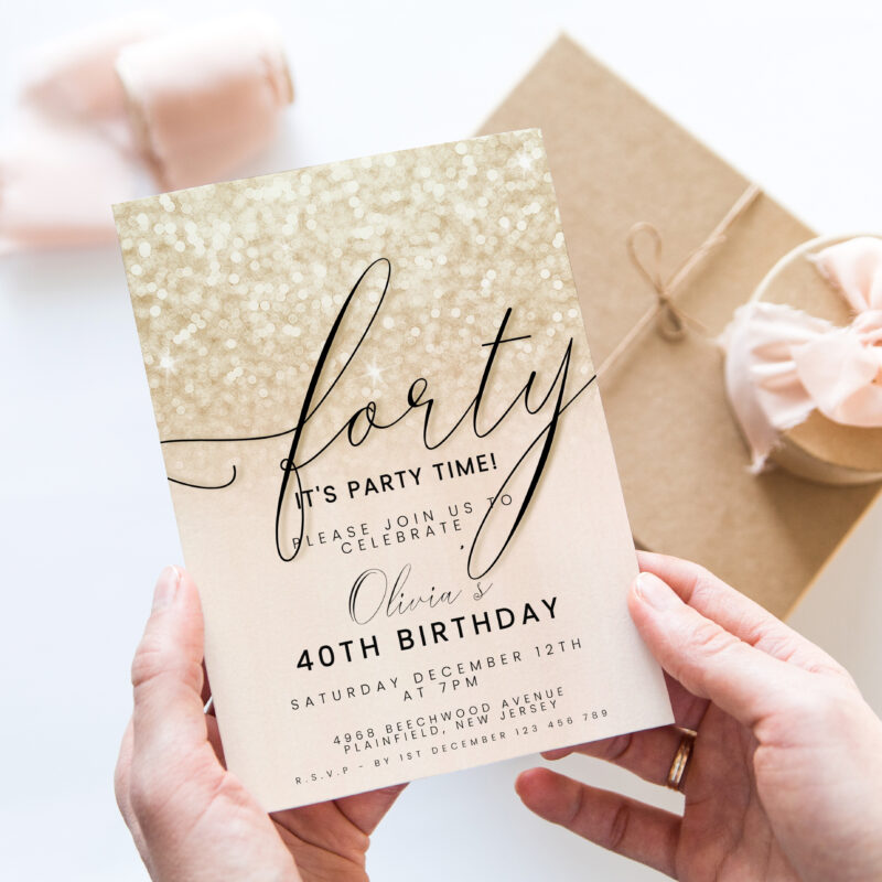 Editable 40th Birthday Invitation – Champagne Glitter Theme Birthday Invitations