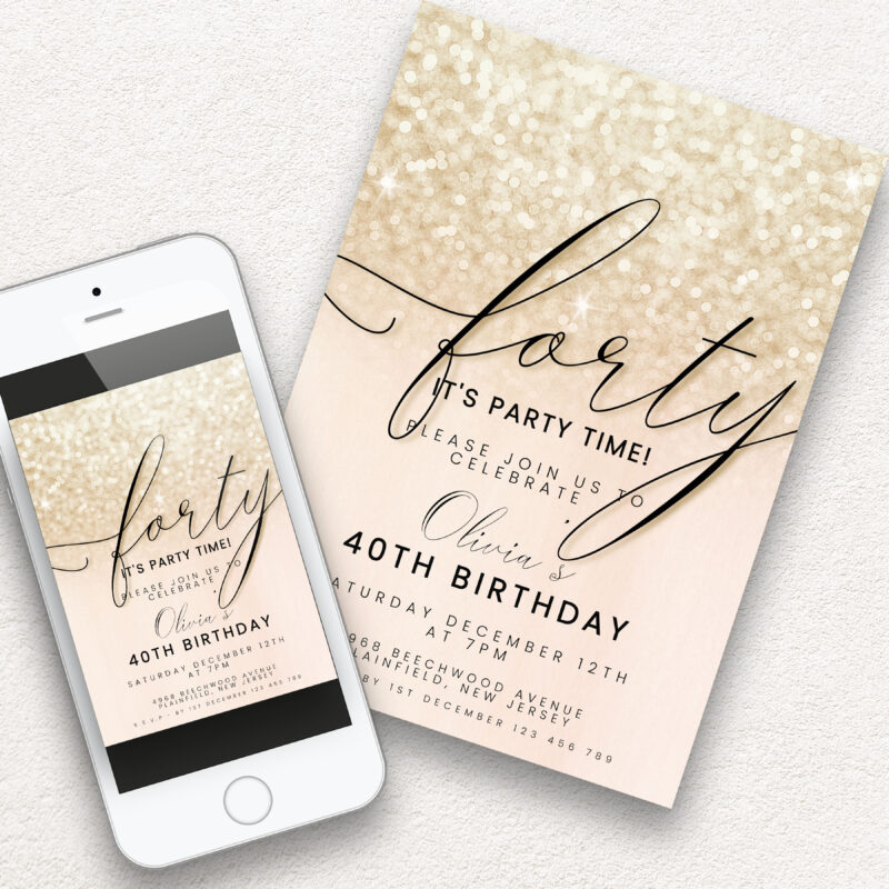 Editable 40th Birthday Invitation – Champagne Glitter Theme Birthday Invitations