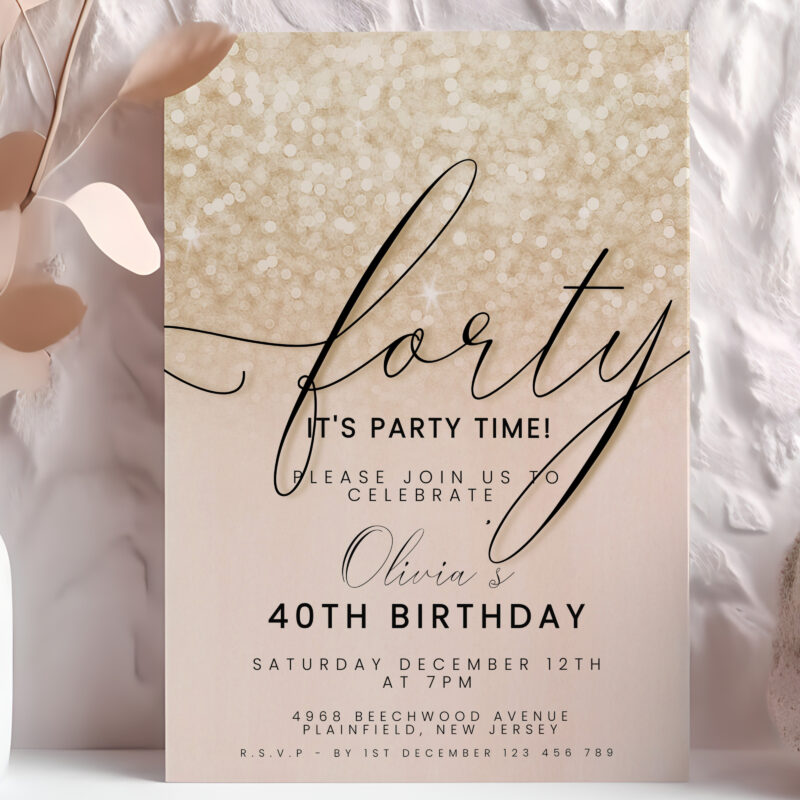 Editable 40th birthday invitation with champagne glitter background and elegant script font