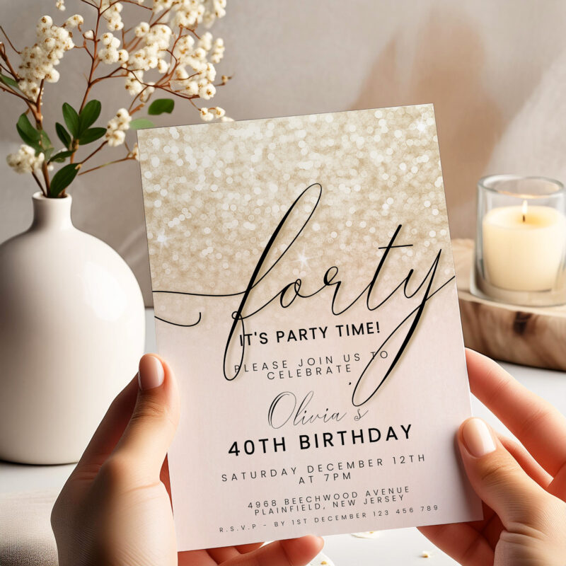 Editable 40th Birthday Invitation – Champagne Glitter Theme Birthday Invitations