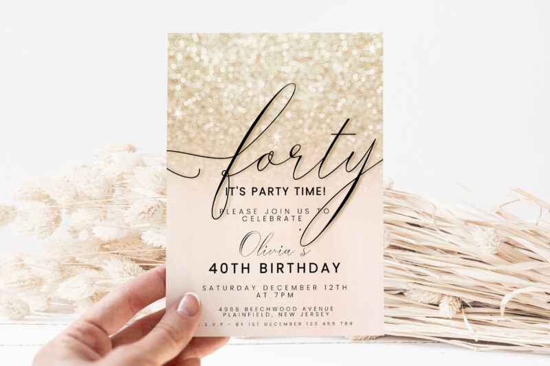 Editable 40th Birthday Invitation – Champagne Glitter Theme Birthday Invitations