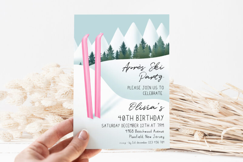 Après Ski Party Invite – Pink Ski 40th Birthday Birthday Invitations