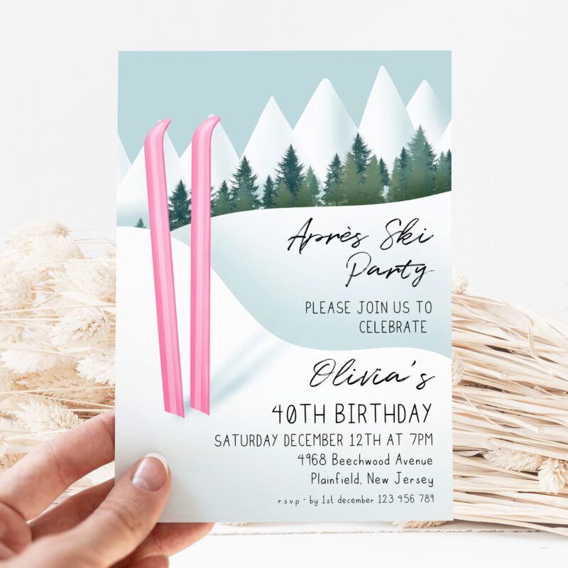 Après Ski Party Invite – Pink Ski 40th Birthday Birthday Invitations