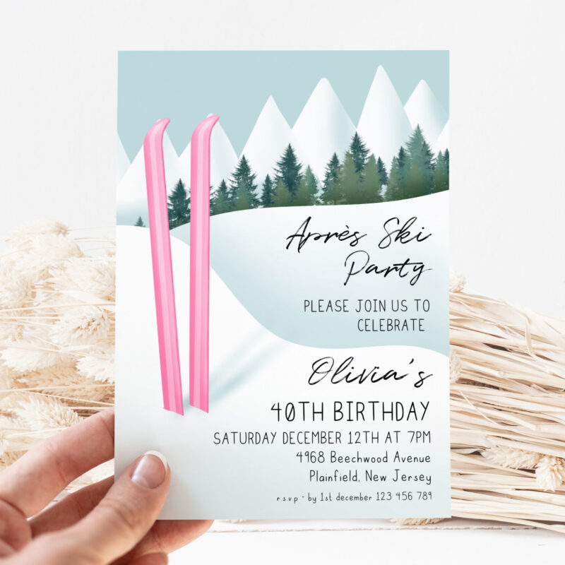 Après Ski Party Invite – Pink Ski 40th Birthday Birthday Invitations Après Ski Party Invite – Pink Ski 40th Birthday Birthday Invitations