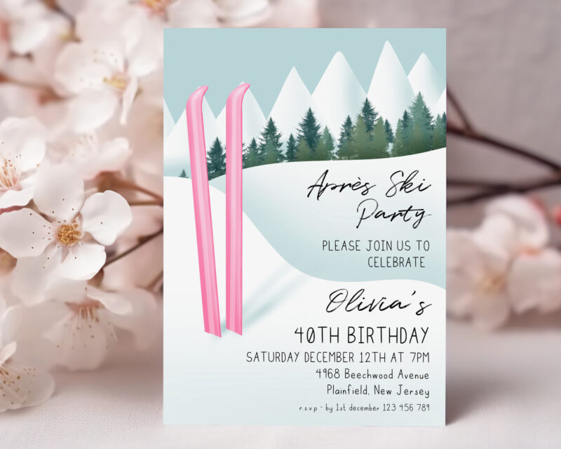 Après Ski Party Invite – Pink Ski 40th Birthday Birthday Invitations