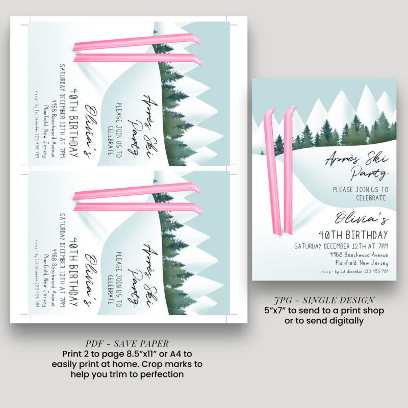 Après Ski Party Invite – Pink Ski 40th Birthday Birthday Invitations