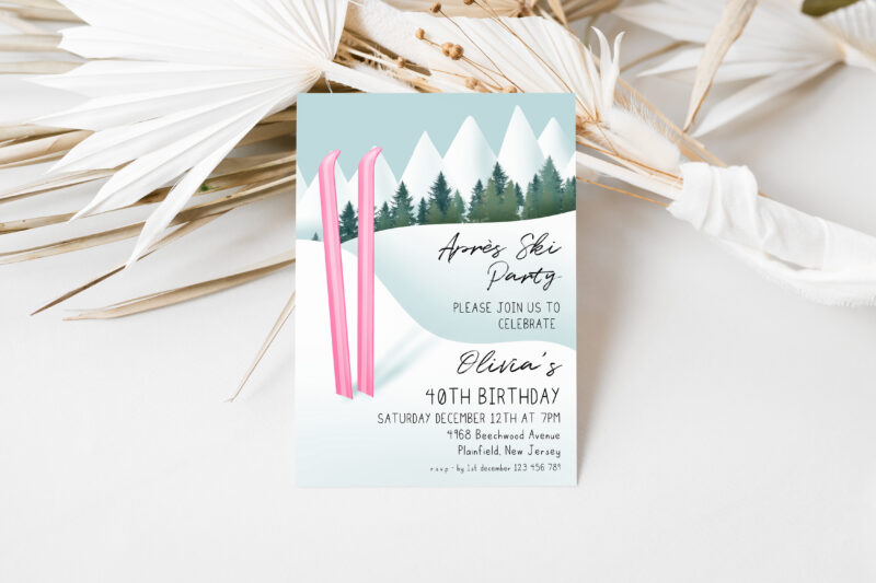 Après Ski Party Invite – Pink Ski 40th Birthday Birthday Invitations