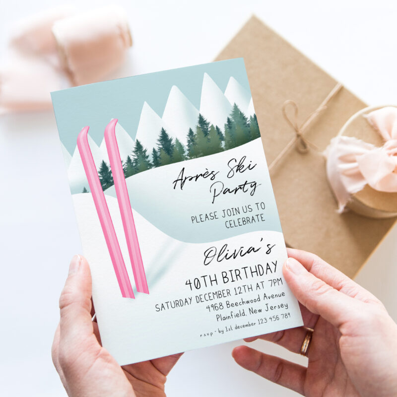 Après Ski Party Invite – Pink Ski 40th Birthday Birthday Invitations