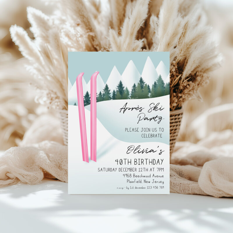 Après Ski Party Invite – Pink Ski 40th Birthday Birthday Invitations