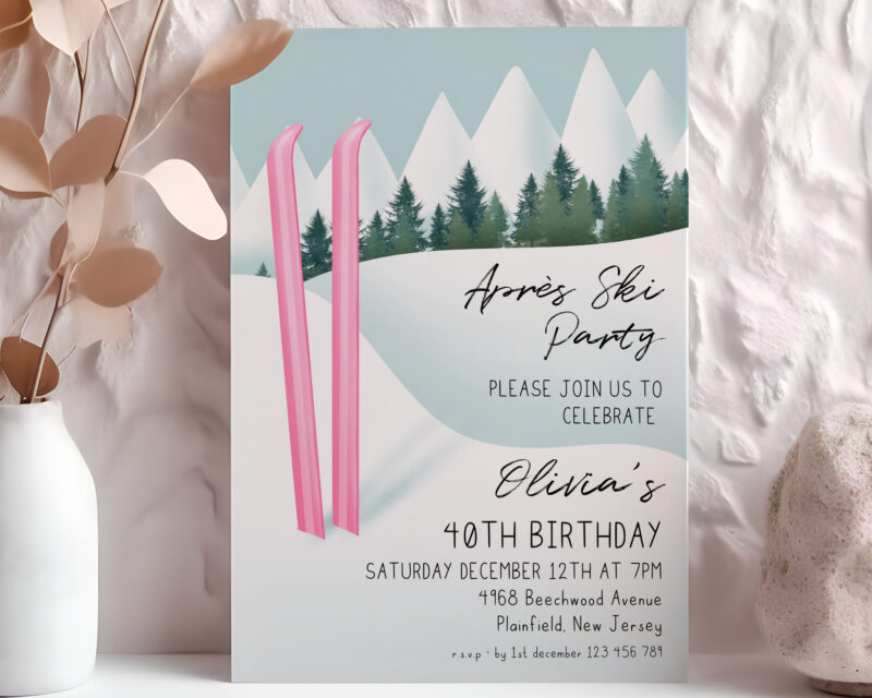 Après Ski Party Invite – Pink Ski 40th Birthday Birthday Invitations