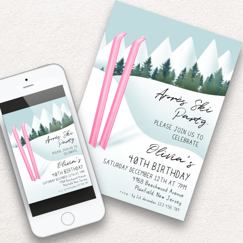 Après Ski Party Invite – Pink Ski 40th Birthday Birthday Invitations