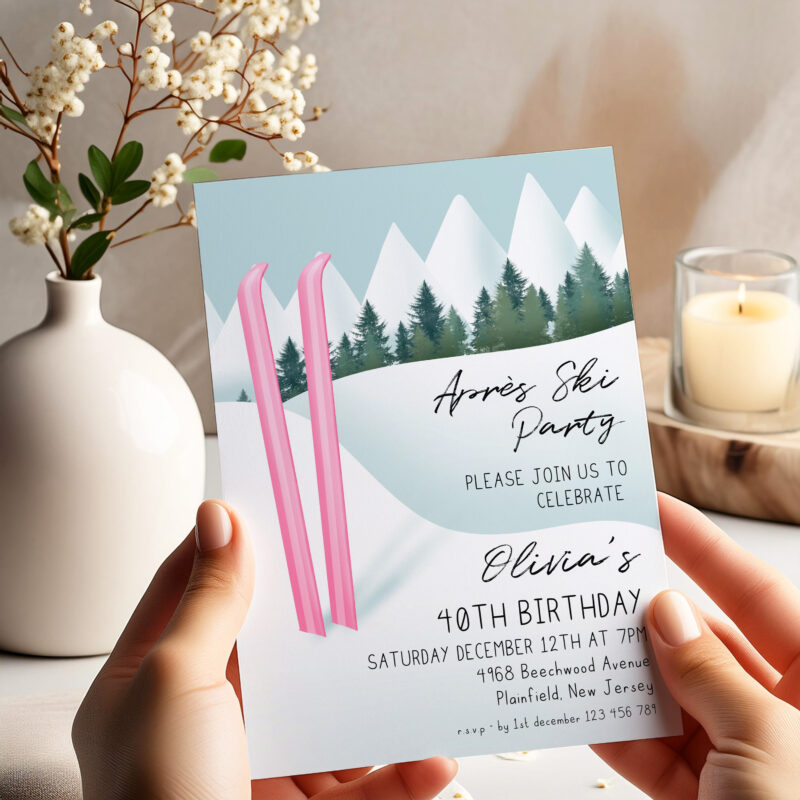 Après Ski Party Invite – Pink Ski 40th Birthday Birthday Invitations