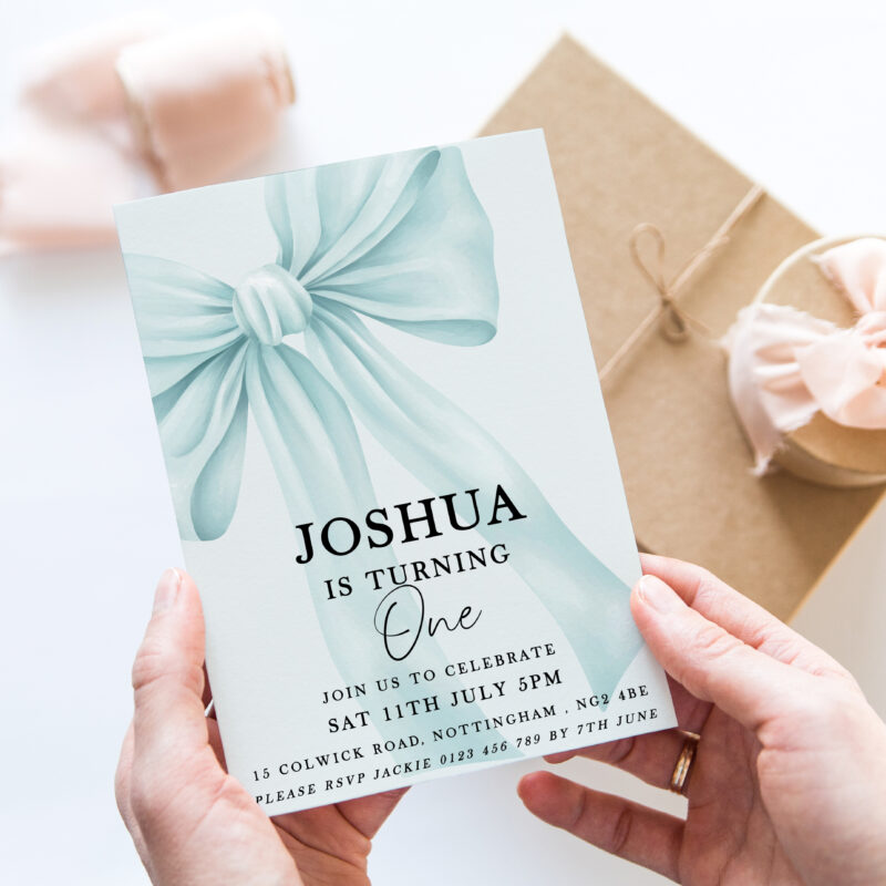 Blue Bow First Birthday Invitation – Editable Boy’s Invite Bows