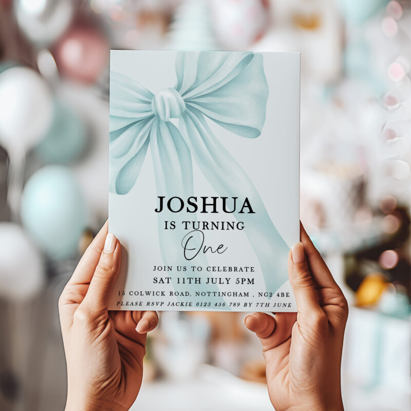 Blue Bow First Birthday Invitation – Editable Boy’s Invite Bows