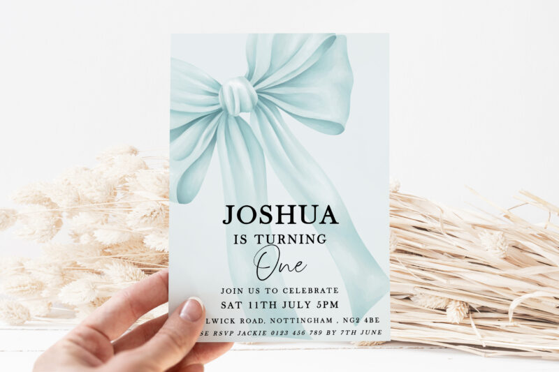 Blue Bow First Birthday Invitation – Editable Boy’s Invite Bows
