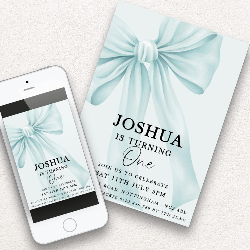 Blue Bow First Birthday Invitation – Editable Boy’s Invite Bows