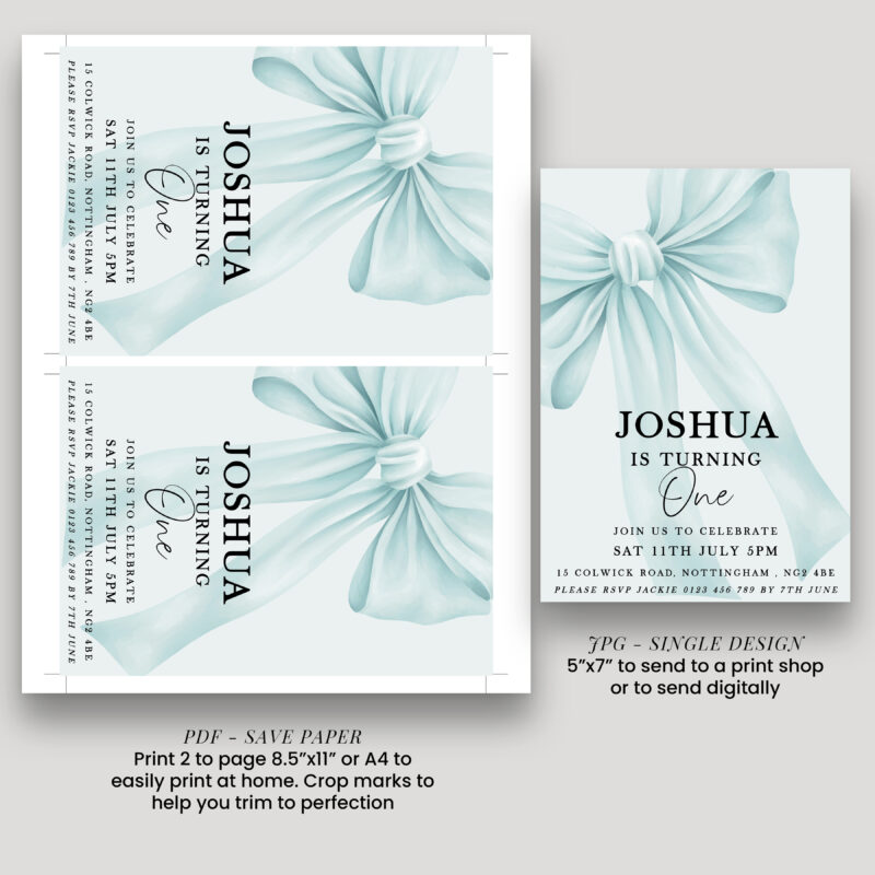 Blue Bow First Birthday Invitation – Editable Boy’s Invite Bows