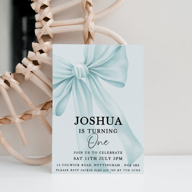 Blue Bow First Birthday Invitation – Editable Boy’s Invite Bows
