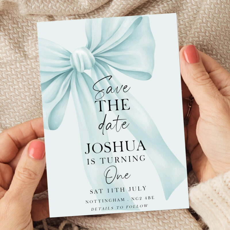 Blue Bow Save the Date – First Birthday Invitation Bows
