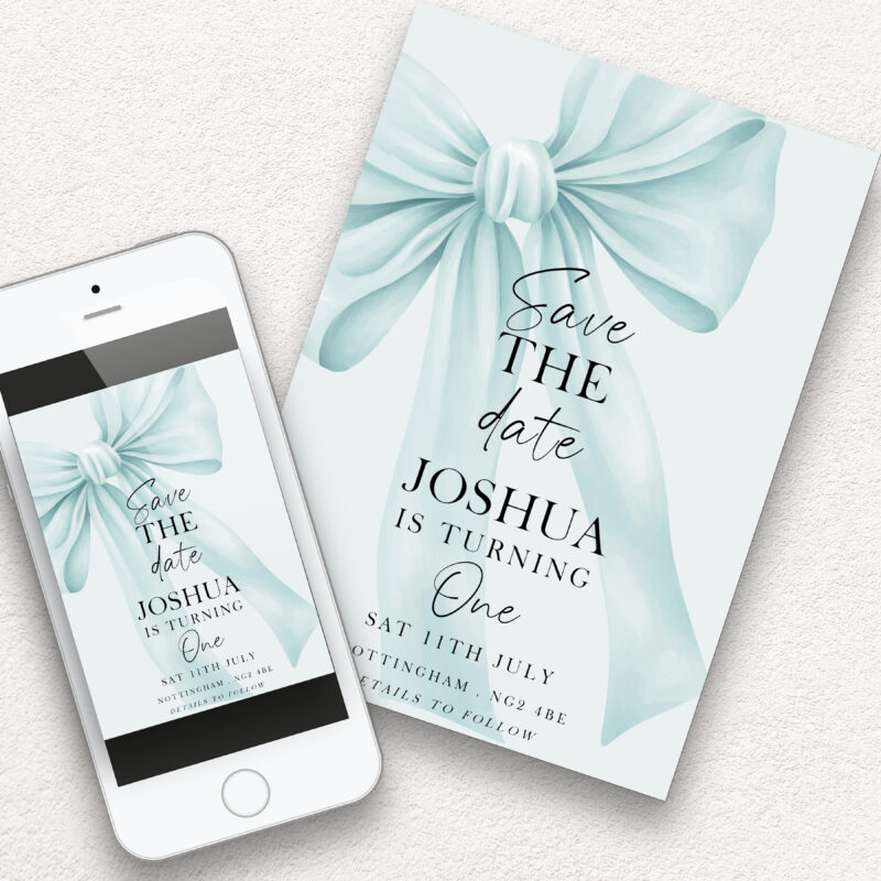 Blue Bow Save the Date – First Birthday Invitation Bows