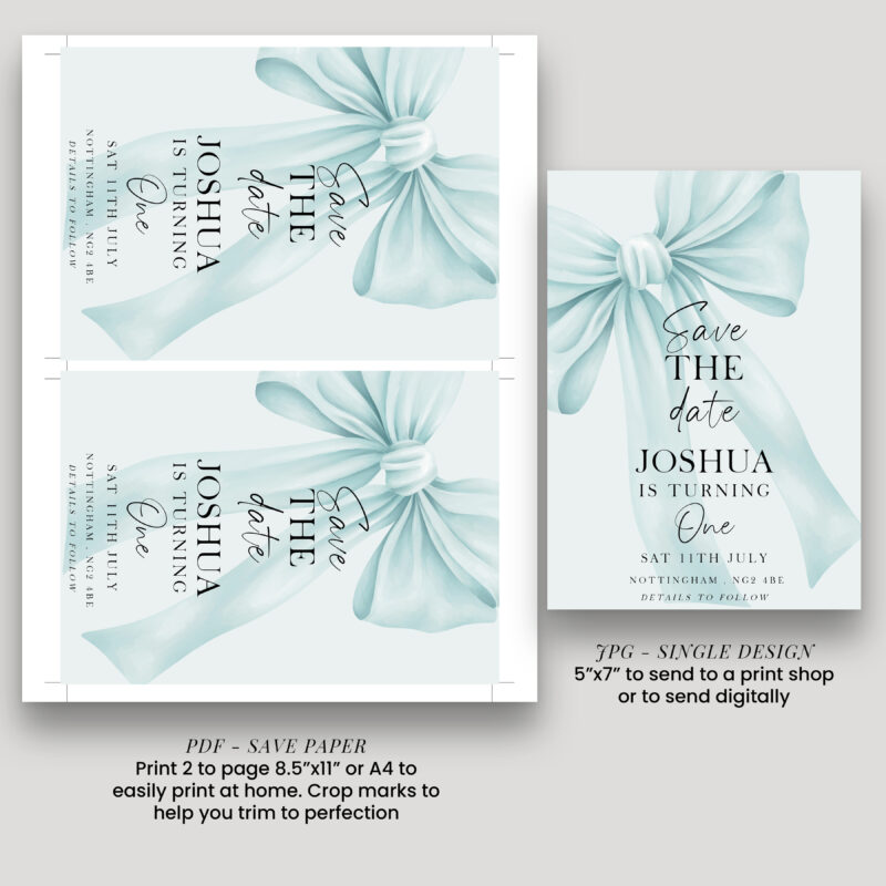 Blue Bow Save the Date – First Birthday Invitation Bows