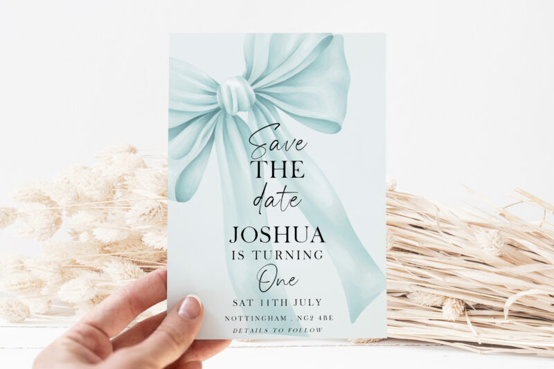 Blue Bow Save the Date – First Birthday Invitation Bows