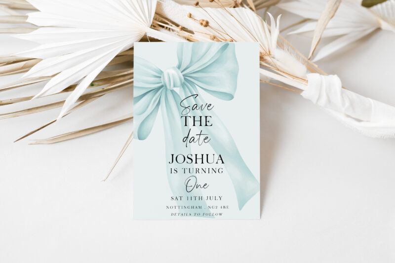 Blue Bow Save the Date – First Birthday Invitation Bows
