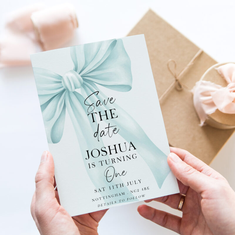 Blue Bow Save the Date – First Birthday Invitation Bows
