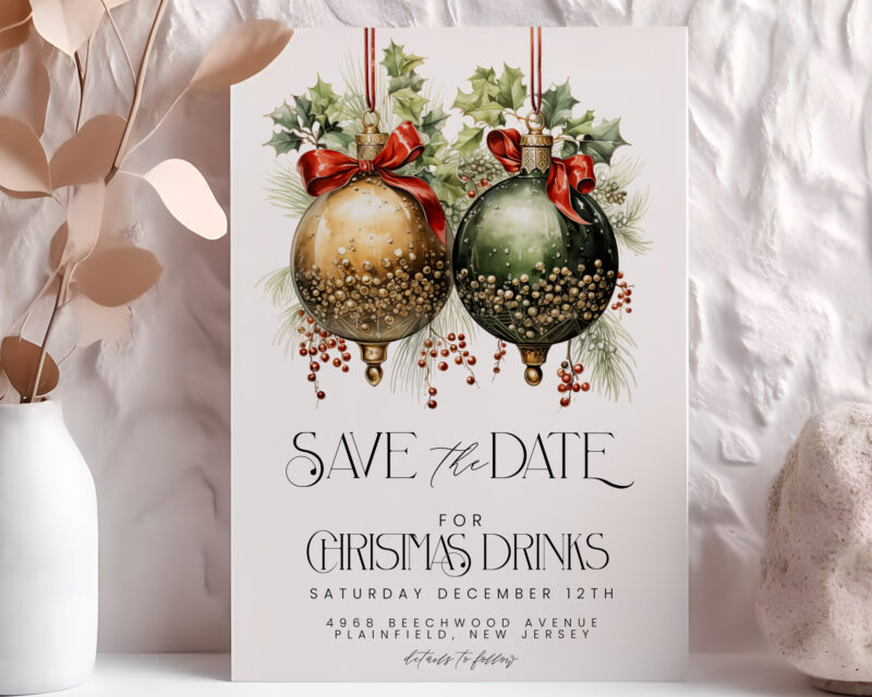 Christmas Drinks Save the Date – Editable Holiday Template Christmas Save The Dates